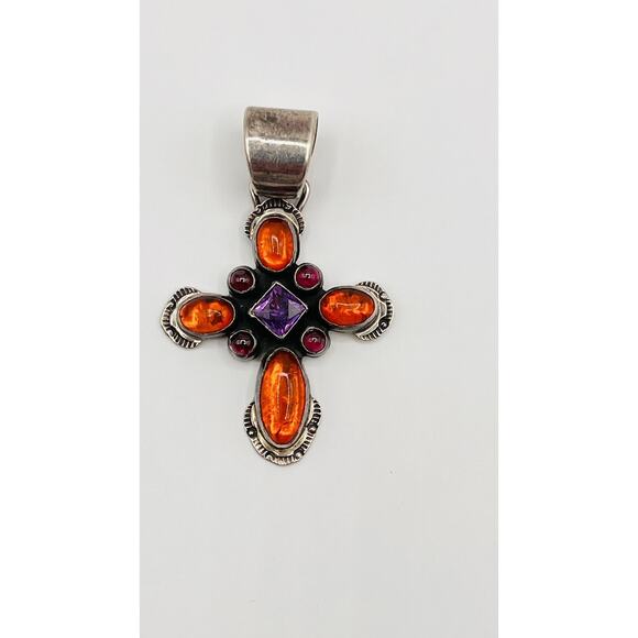 Vintage Sterling Silver Amber Amethyst Religious Crucifix Cross Pendant Only - Picture 1 of 5